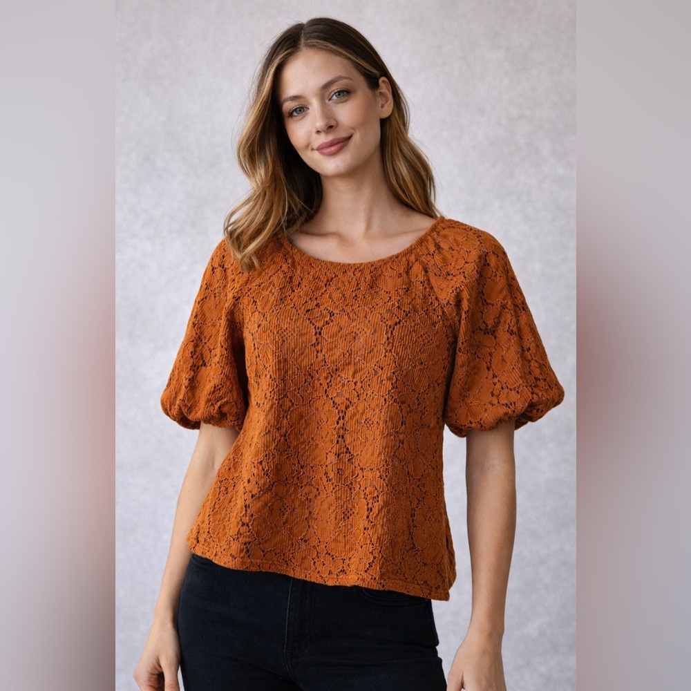 Anthropologie Dolan Lace Puff Sleeve Blouse Rust Brown women’s size XSmall